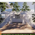 Serene Garden Landscape with Wooden Deck White Canopies Tall Trees and Purple Flowers