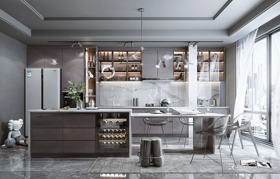 Modern Open Concept Kitchen Interior Design With Island Counter And Cabinets 3d model 
