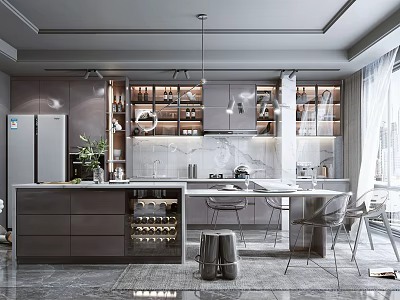 Modern Open Concept Kitchen Interior Design With Island Counter And Cabinets 3d model
