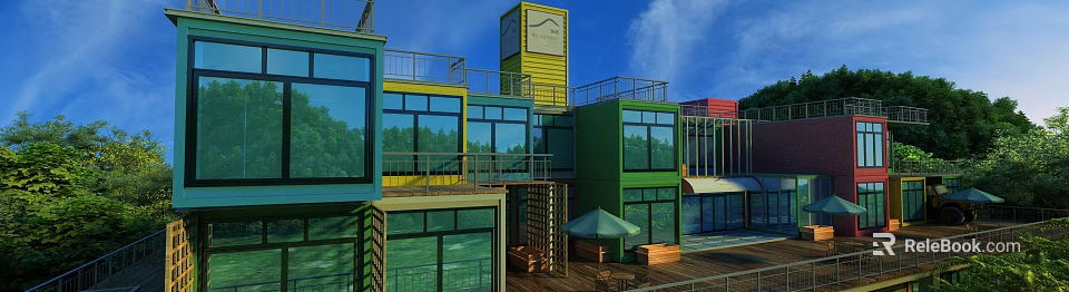 Colorful Modern Container Building With Glass Windows Balconies And Wooden Deck 3d model 