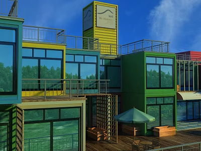 Colorful Modern Container Building With Glass Windows Balconies And Wooden Deck 3d model
