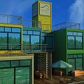 Colorful Modern Container Building With Glass Windows Balconies And Wooden Deck