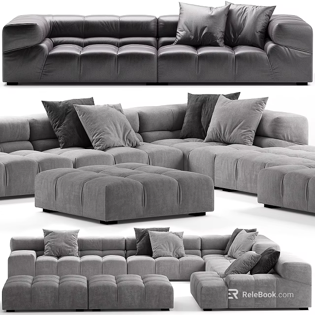 Gray Fabric Large Sectional Multi Person Sofa With Plush Cushions And Matching Ottoman 3d model 