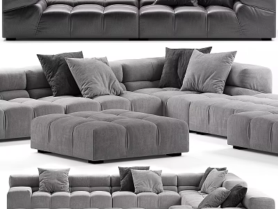 Gray Fabric Large Sectional Multi Person Sofa With Plush Cushions And Matching Ottoman 3d model