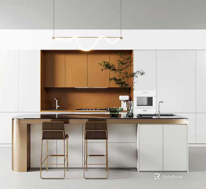 Modern Kitchen Bar Design With White Cabinets Brown Counter And High Stools 3d model