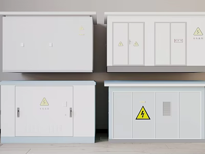 White Electrical Distribution Boxes with Yellow Warning Signs KEMA Certified Cabinets and Locks Design 3d model