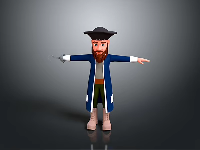 3D Pirate Character Featuring Blue Coat Green Pants Black Hat Beard Outstretched Arms Holding Knife 3d model