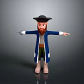 3D Pirate Character Featuring Blue Coat Green Pants Black Hat Beard Outstretched Arms Holding Knife