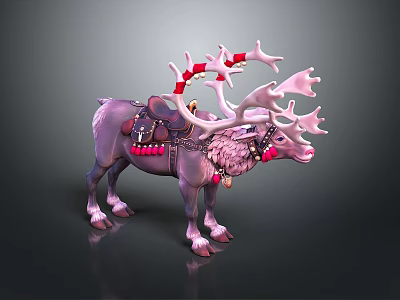 3D Reindeer Model with Purple Body Red and White Decorated Antlers Saddle Beads and Bells 3d model