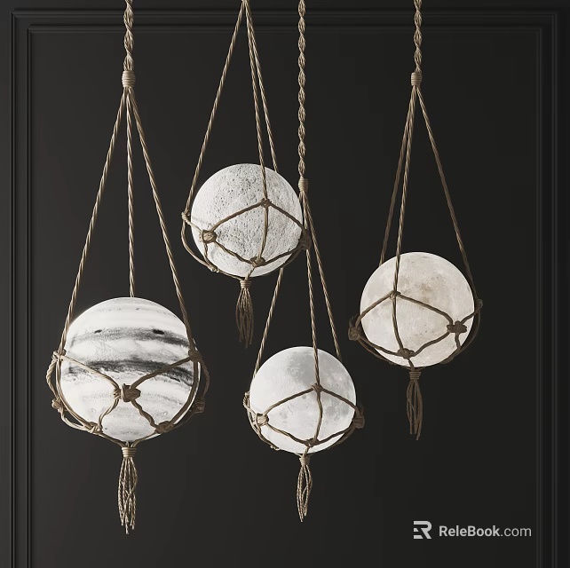 Natural Material Spherical Pendant Lights With Rope Netting For Dark Wall Interior 3d model 
