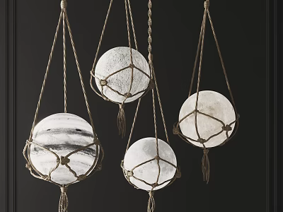 Natural Material Spherical Pendant Lights With Rope Netting For Dark Wall Interior 3d model