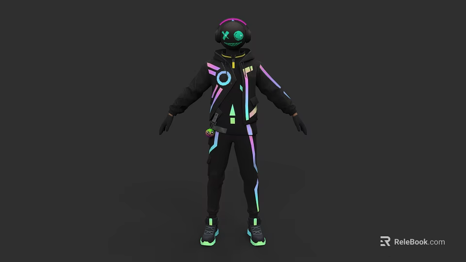 Futuristic Cyberpunk Game Character With Neon Accents And Black Techwear Outfit 3d model 