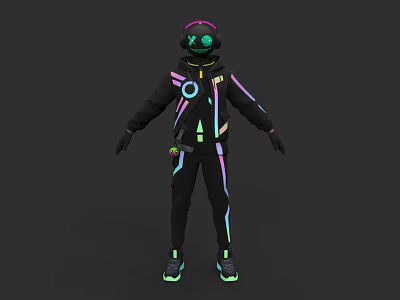 Futuristic Cyberpunk Game Character With Neon Accents And Black Techwear Outfit 3d model