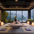 Traditional Japanese Teahouse Interior With Large Windows Mountain View Wooden Table And Floor Cushions