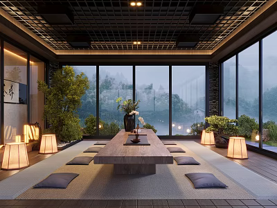 Traditional Japanese Teahouse Interior With Large Windows Mountain View Wooden Table And Floor Cushions 3d model