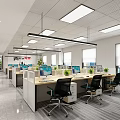 Modern Open Public Office Space With Multiple Workstations Computers Greenery Large Windows And Gray Flooring 3d model