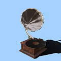 Vintage Gramophone Audio System With Horn Vinyl Record Wooden Base And Blue Background