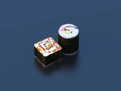 Delicious Square And Cylindrical Sushi With Fresh Toppings On Dark Background 3d model
