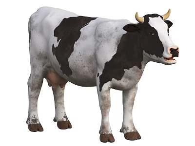 Black And White Cow With Horns Standing In White Background 3d model