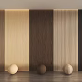 Various Wooden Wall Panels With Different Wood Tones And Decorative Balls On Display Shelf