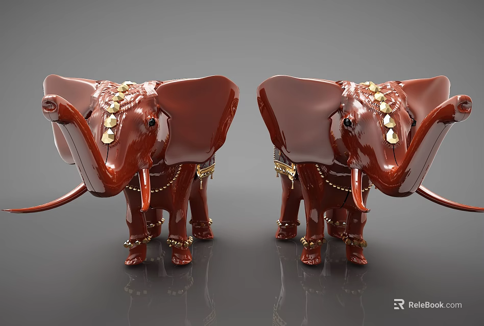 Red Elephant Decorative Ornament Set With Golden Accents And Intricate Details 3d model 