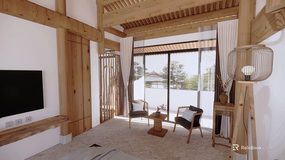 Hotel Guest Room With Wooden Beams Natural Light Seating Area And Floor To Ceiling Windows 3d model 