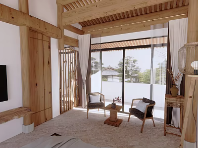 Hotel Guest Room With Wooden Beams Natural Light Seating Area And Floor To Ceiling Windows 3d model