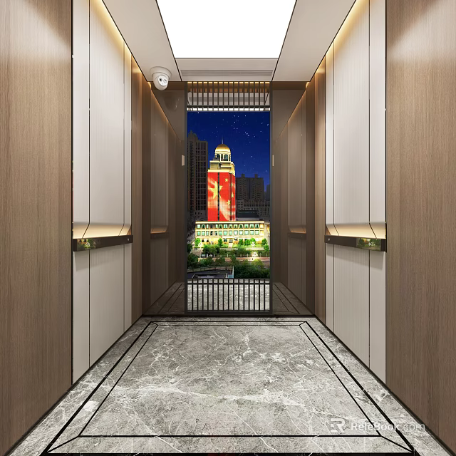 Elegant Modern Elevator Interior With Marble Floor Wooden Panels And Night View Lighting 3d model