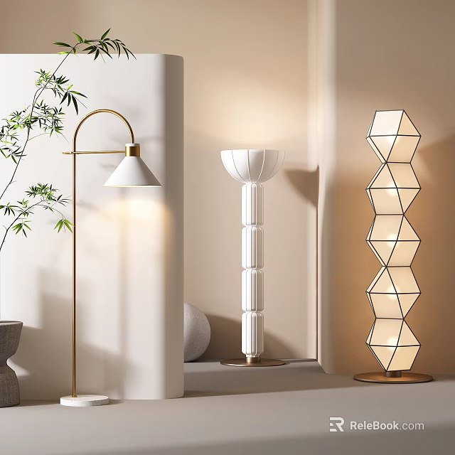 Modern Floor Lamps With Golden Curved Arm Columnar Design And Hexagonal Geometric Structure 3d model 