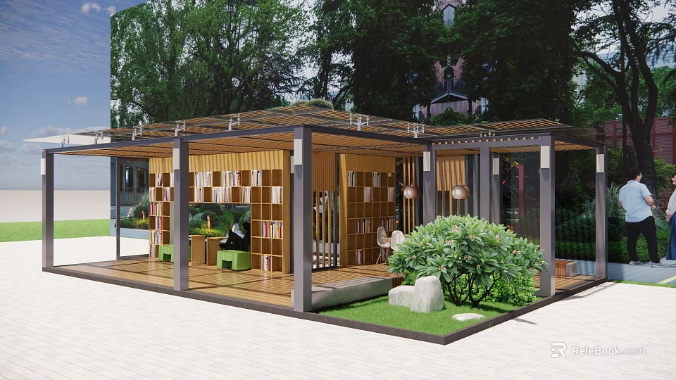 Wooden Pergola Design With Bookshelves Green Plants Stone Decor And Outdoor Seating 3d model 