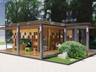 Wooden Pergola Design With Bookshelves Green Plants Stone Decor And Outdoor Seating 3d model