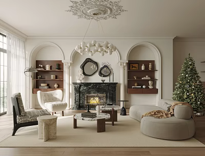 Elegant Living Room With Fireplace Chandelier Christmas Tree Sofa Chairs Coffee Table And Decorative Shelves 3d model