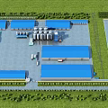 Large Scale Industrial Factory Complex With Blue Roofed Buildings Silos Green Lawns And Parking Area