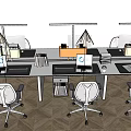 Modern Office Desk Workspace With Computer Monitors Office Chairs And Desk Lamps