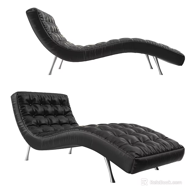 Modern Black Leather Lounge Chair With Tufted Design Curved Shape And Metal Legs 3d model 
