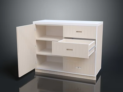 Minimalist White Storage Cabinet With Open Door Shelves And Drawers Interior Design 3d model
