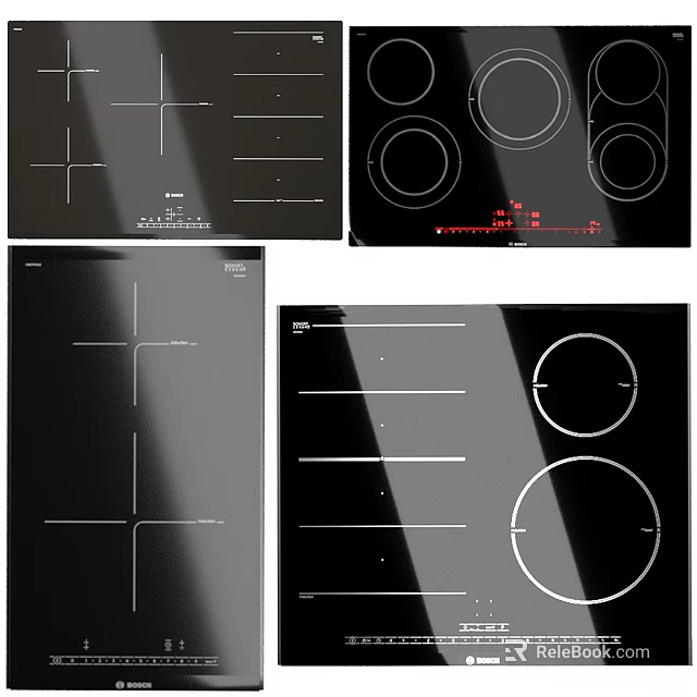Different Black Cooktop Designs With White Lines And Circular Elements For Kitchen 3d model 