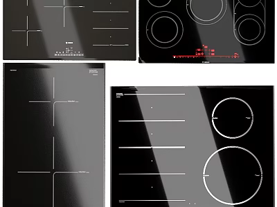 Different Black Cooktop Designs With White Lines And Circular Elements For Kitchen 3d model