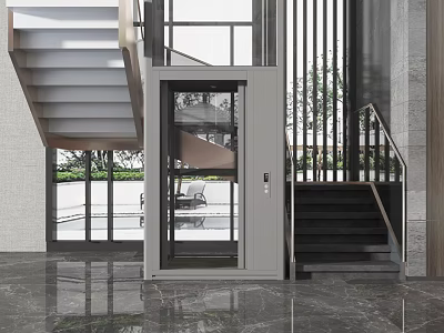 Modern Elevator Passageway With Glass Wall Stairs And Marble Floor 3d model