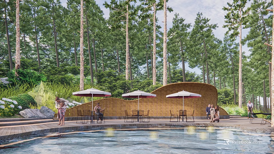 Scenic Park Landscape With Tall Trees Shaded Tables Chairs Water Pool And People 3d model 