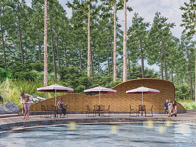 Scenic Park Landscape With Tall Trees Shaded Tables Chairs Water Pool And People 3d model