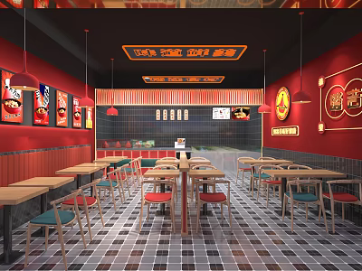 Red And Black Restaurant Interior With Tables Chairs Decorative Paintings And Tile Floor 3d model