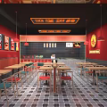 Red And Black Restaurant Interior With Tables Chairs Decorative Paintings And Tile Floor