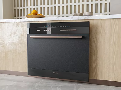 Sleek Black Dishwasher In Modern Kitchen With Wooden Cabinets Countertop And Fresh Fruits Bowls 3d model