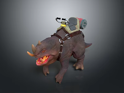 Fierce Brown Dinosaur Figure With Backpack Device Open Mouth And Horns 3d model