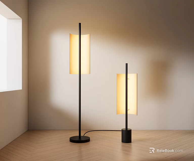 Two Modern Floor Lamps With Black Poles And Rectangular Warm Light Shades In Minimalist Room 3d model 