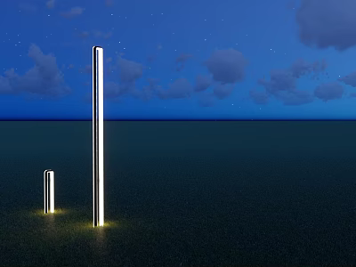 Tall and Short Pillar Outdoor Lights Illuminating Grassland Under Starry Night Sky 3d model