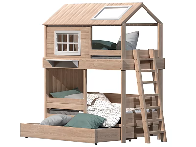 Wooden Bunk Bed With House Shaped Design Window Skylight Ladder And Lower Mattress Pillows 3d model