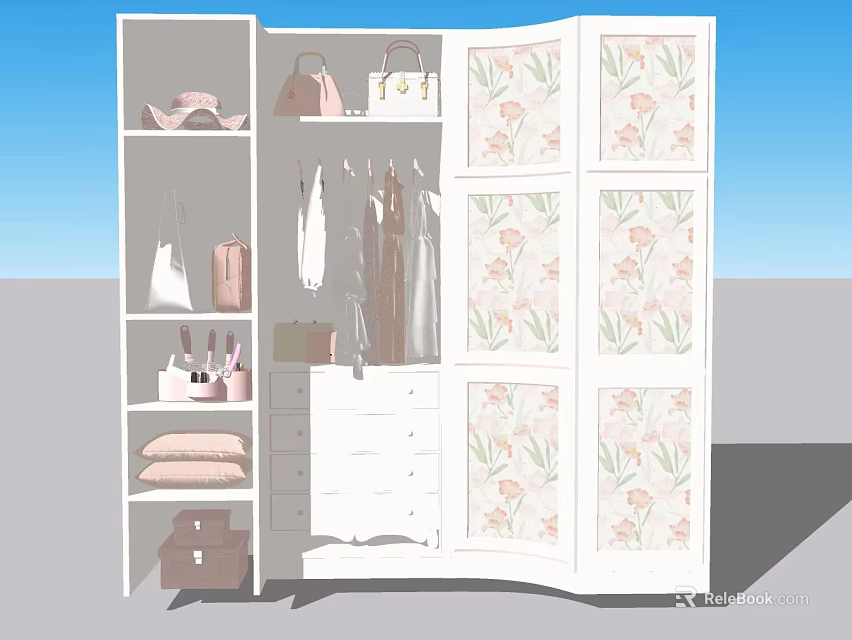 White Floral Patterned Wardrobe With Hanging Area Drawers Shelves And Storage For Bags Hats Clothes 3d model 