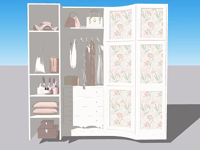 White Floral Patterned Wardrobe With Hanging Area Drawers Shelves And Storage For Bags Hats Clothes 3d model